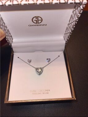 Giani Bernini Silver Heart Cubic Zirconia Necklace and Stud Earrings - Clear